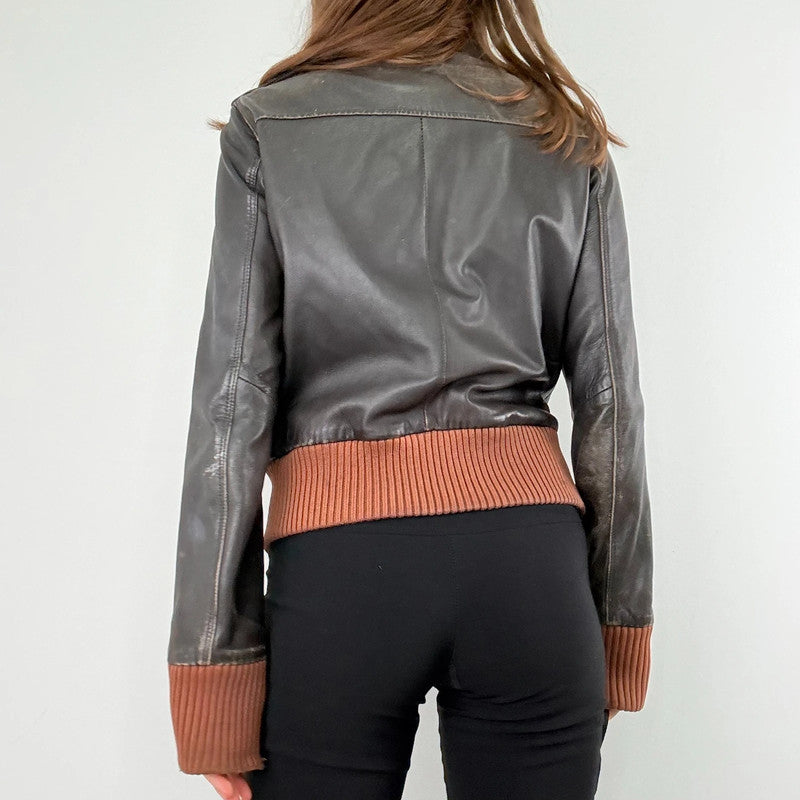 brown leather cinched ribbed waistband jacket
