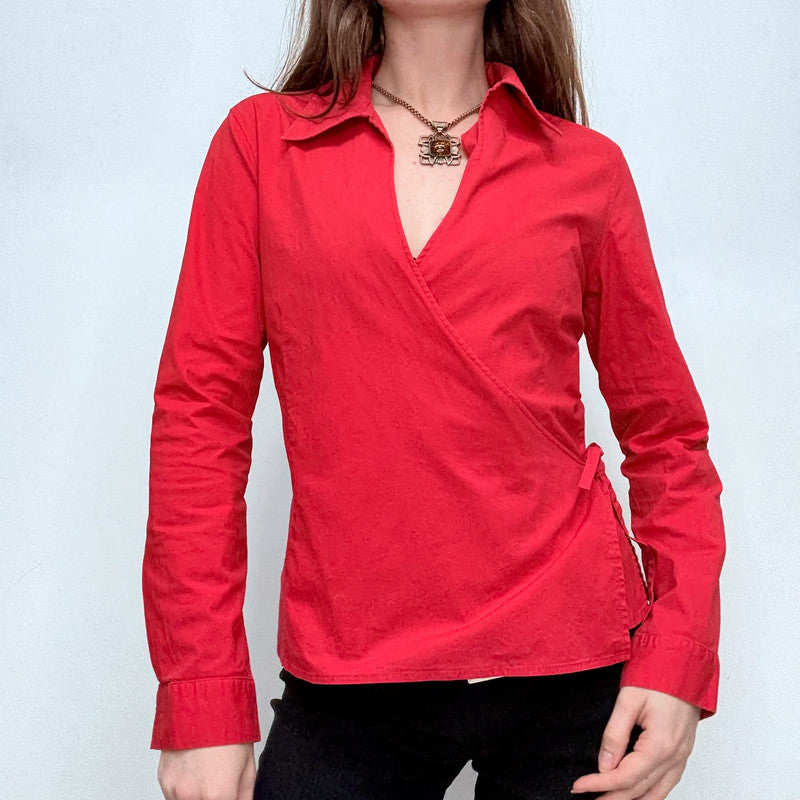 red fitted wrap shirt
