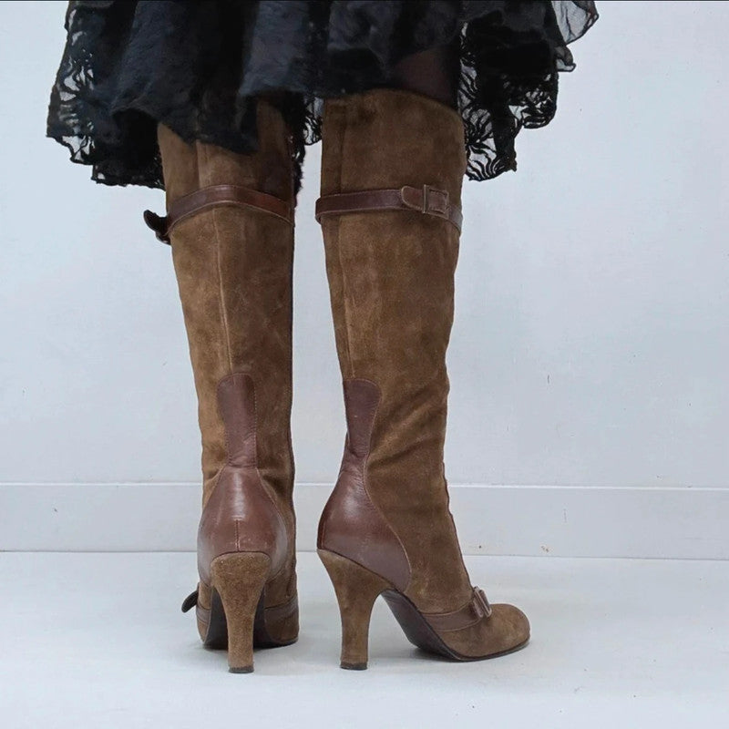 Khaki suede pointed toe pixie boots