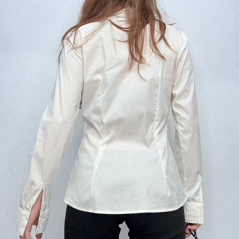 white fitted ruffle shirt