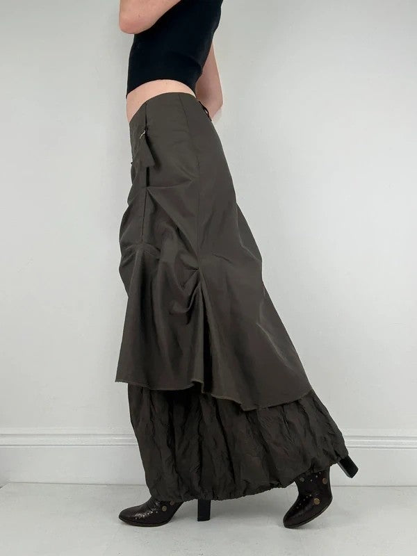 khaki layered tech utility maxi skirt