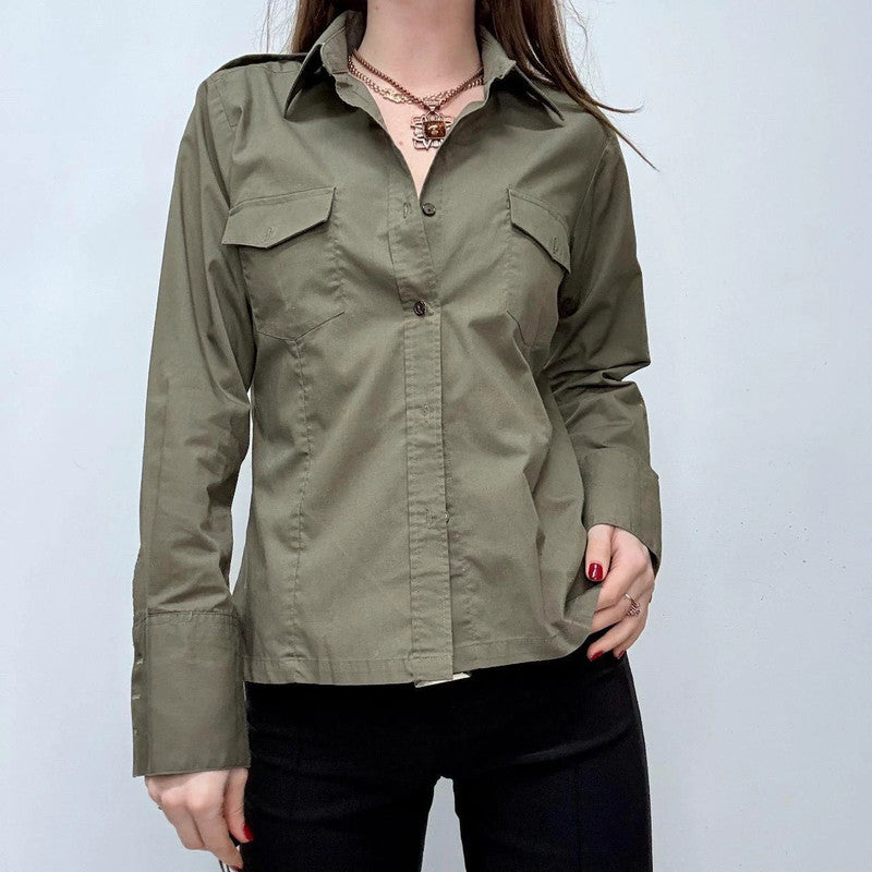 khaki fitted flared military style shirt