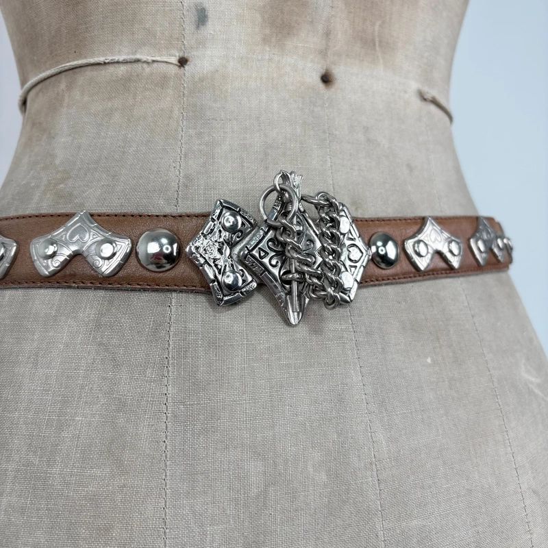 silver metal western leather belt