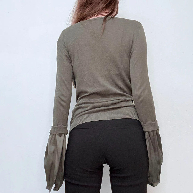 khaki flared puff silk sleeve shirt