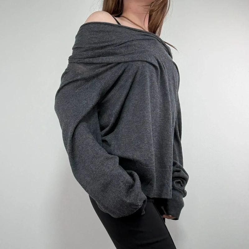 grey slouchy knit off-the-shoulder jumper, wool and silk blend
