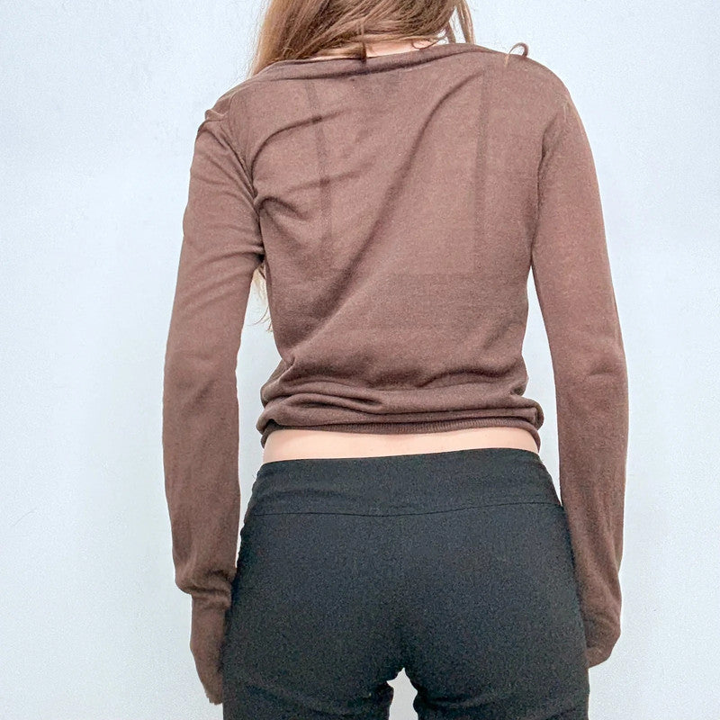 brown sheer knit slouchy off the shoulder jumper