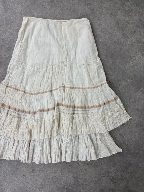 white pleated flared boho fairy maxi skirt