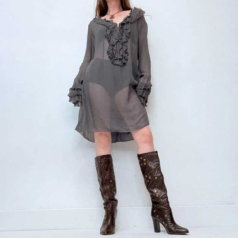 sheer ruffle flutter regency silk dress