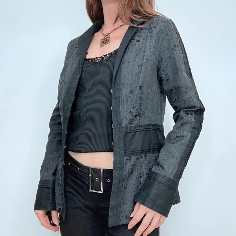 black printed distressed grunge hook and eye jacket