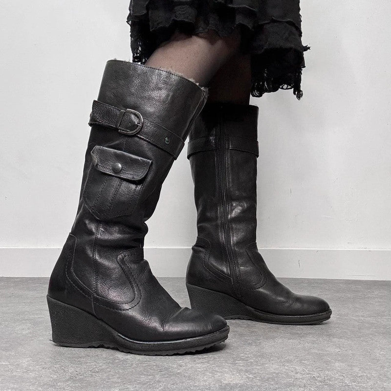 black leather buckle knee high boots