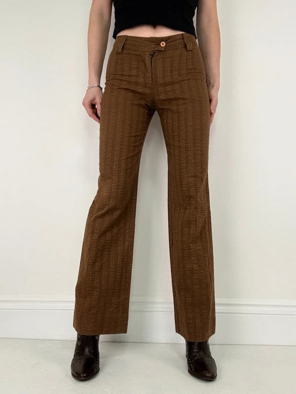 brown pinstripe wide-leg textured flare trousers