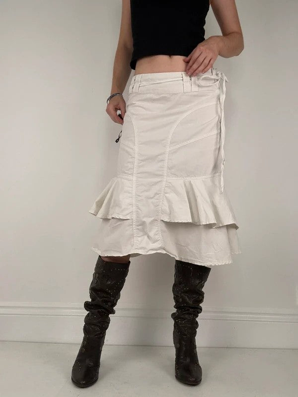 white ruffle low rise layered midi skirt