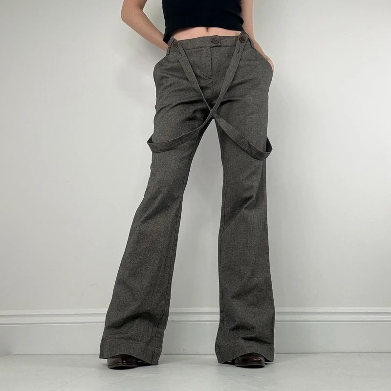 grey suspender flared suit trousers