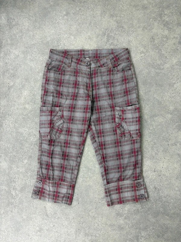 tartan checked red cargo denim capri pants