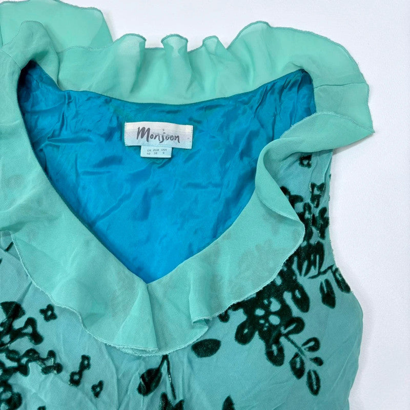 green silk embossed floral monsoon dress