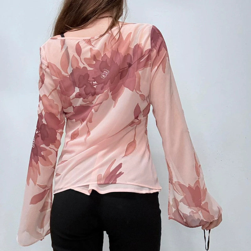 pink flared floral shirt