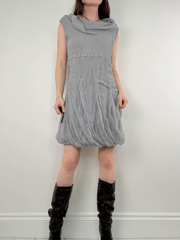 grey gathered slouchy puff midi dress