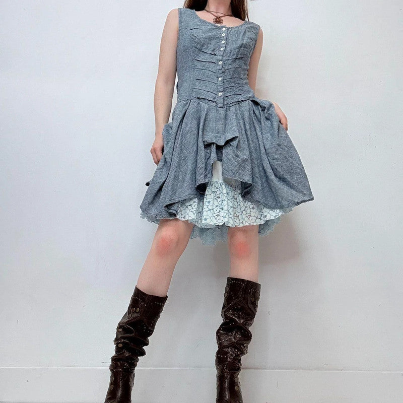 blue puff flared mini dress