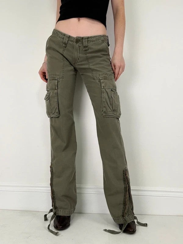 Low rise khaki flared cargo utility trousers