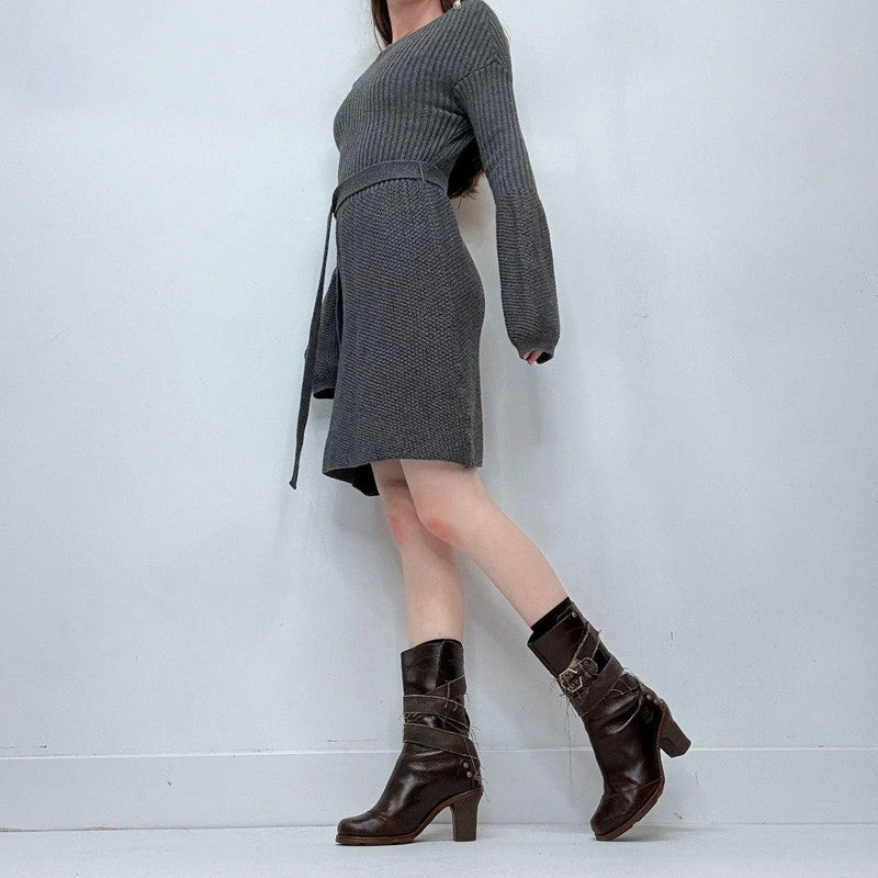 grey slash neck flared puff sleeve midi dress