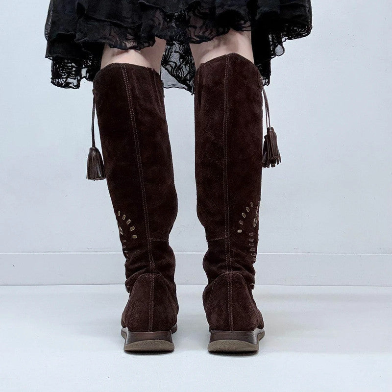 brown suede stitch hippy boots