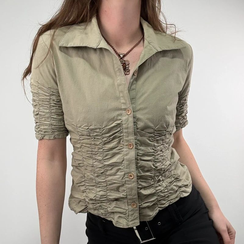 gathered khaki pleated shirt