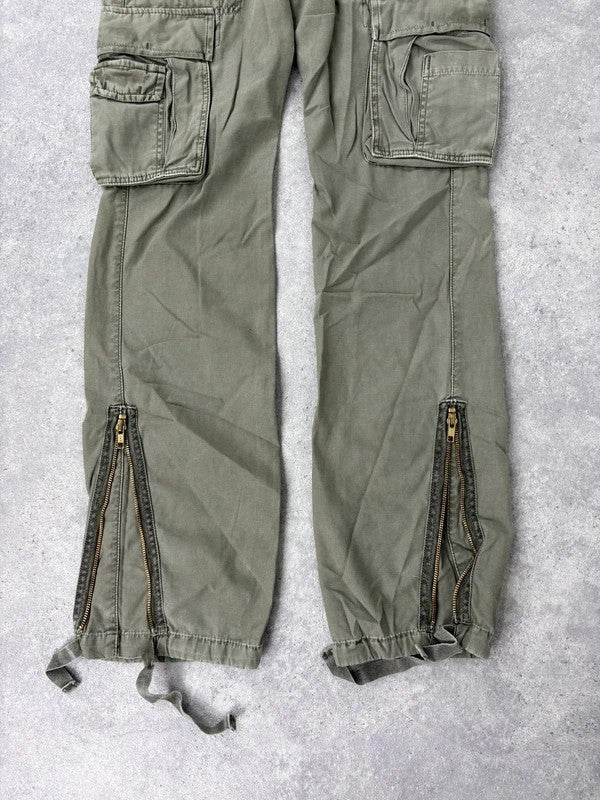 Low rise khaki flared cargo utility trousers
