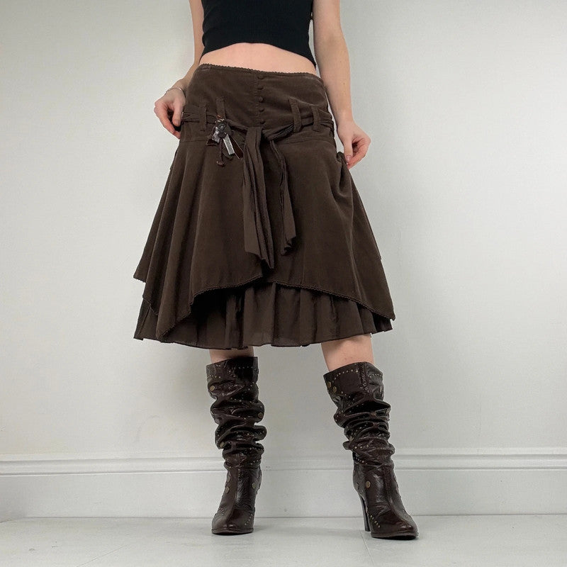 brown layered pleated midi skirt