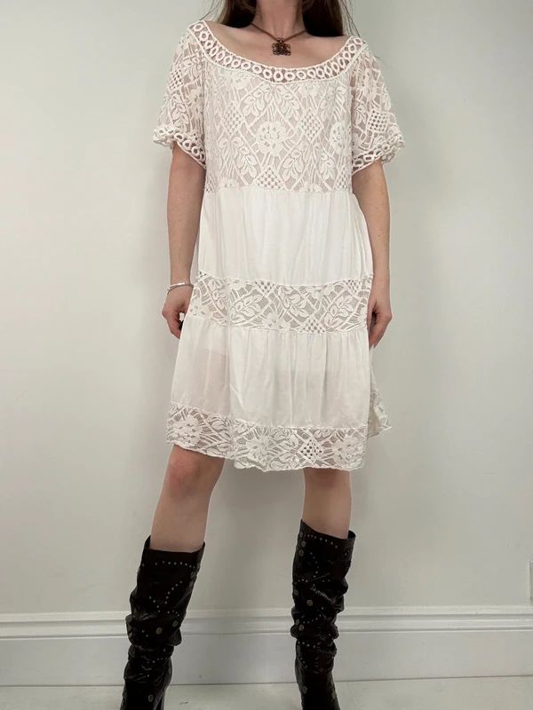 white lace layered wide neck boho dress
