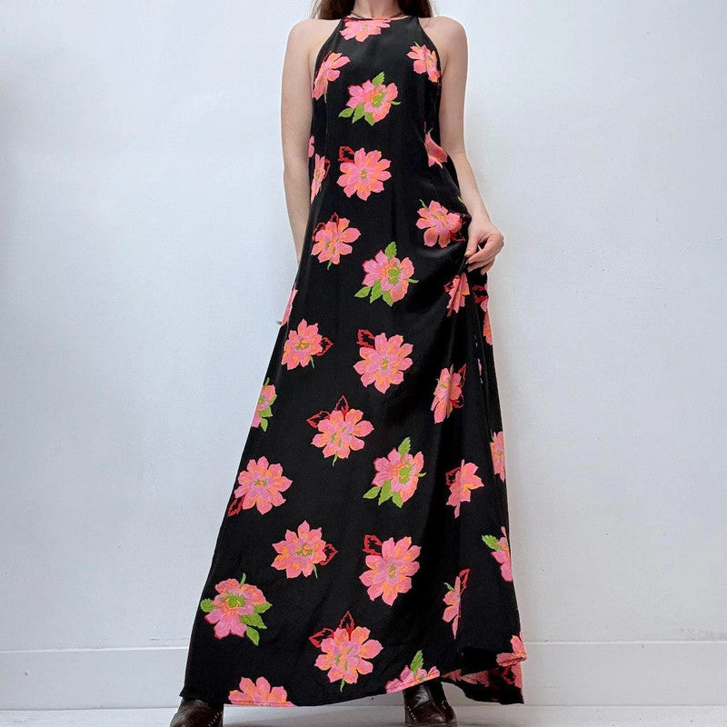 black floral bias cut maxi dress