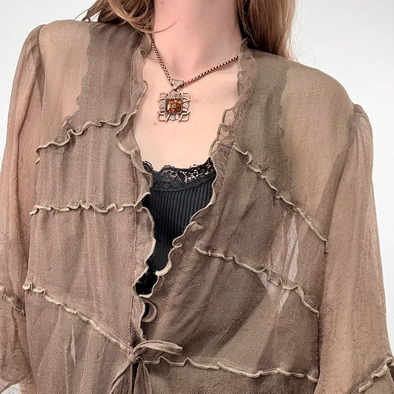 brown ruffle mesh slouchy flare shirt