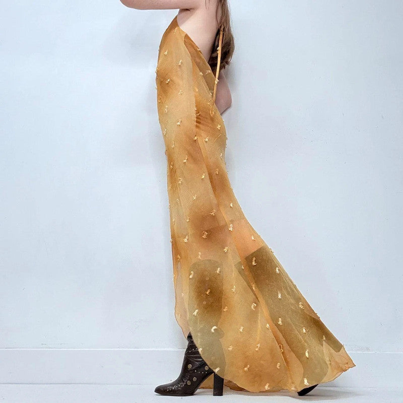 sheer gold bias cut maxi dress
