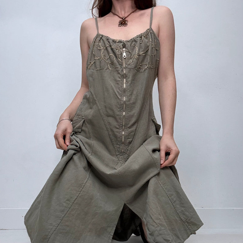 khaki embroidered zip midi dress
