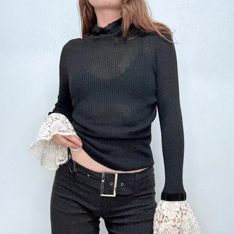 black ribbed slouchy gothic lace shirt