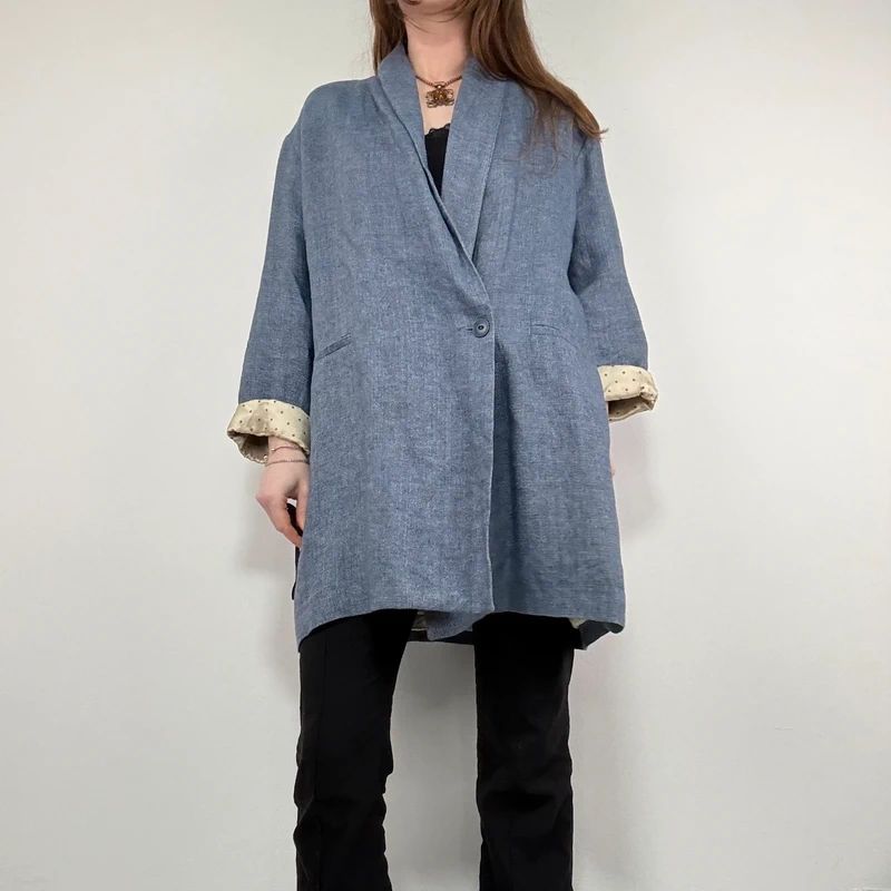 blue linen slouchy oversized long blazer