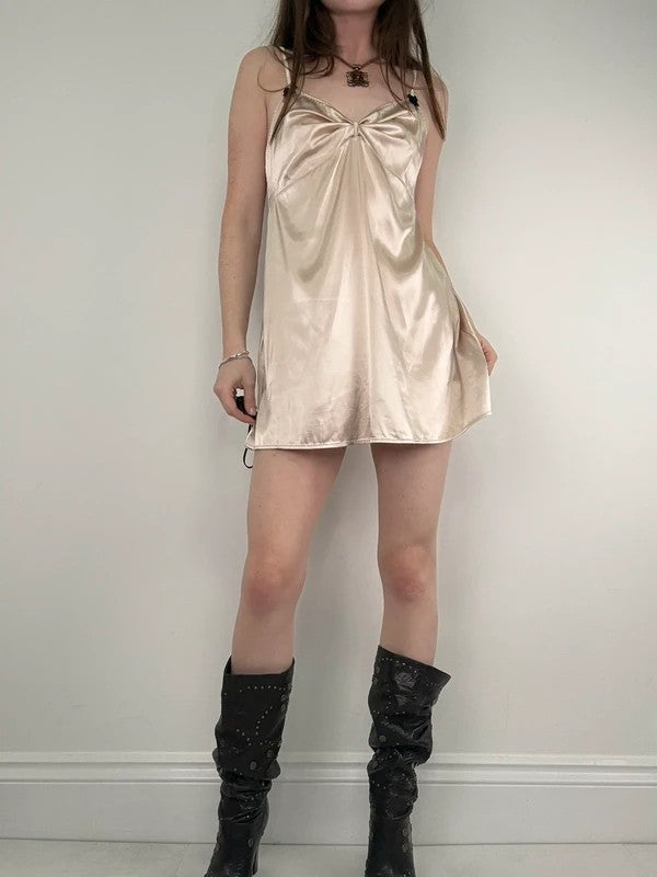 Satin dusty pink mini bow slip dress