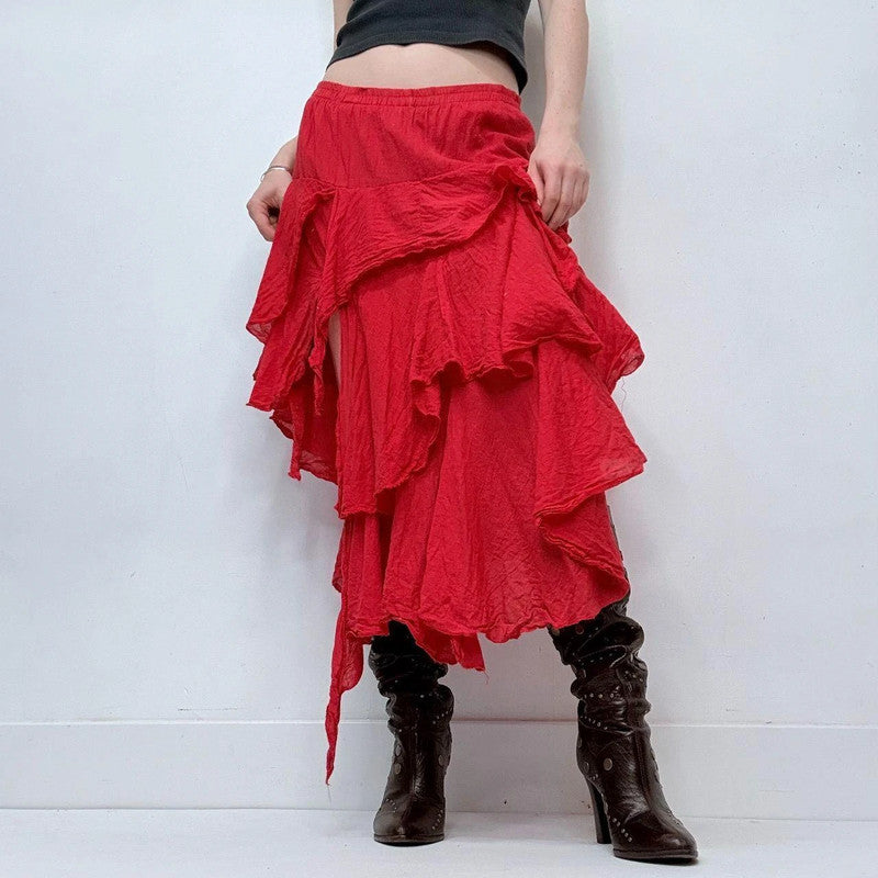 red asymmetric layered maxi skirt