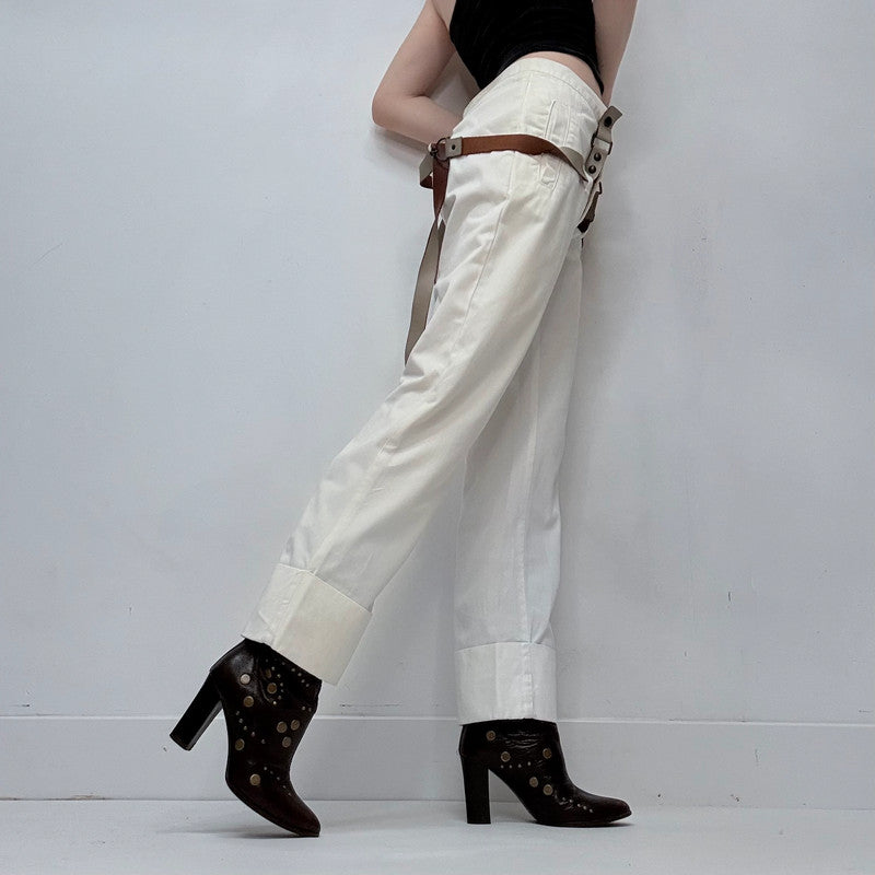 white low rise structured leather belted trousers