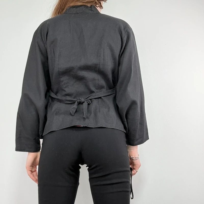black linen boxy cropped kimono jacket