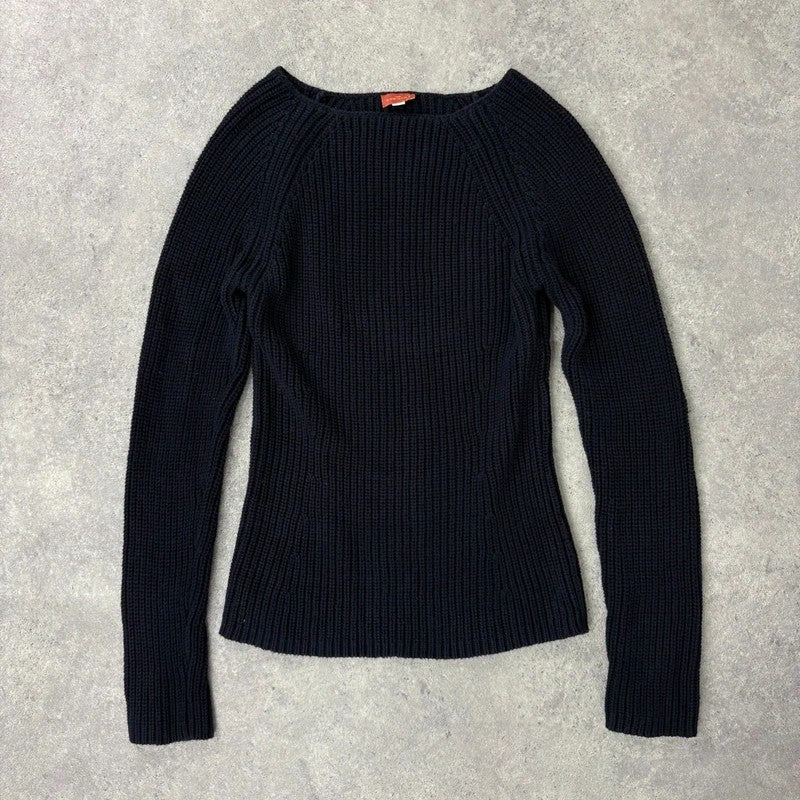 chunky navy knitted slash neck fisherman rib jumper