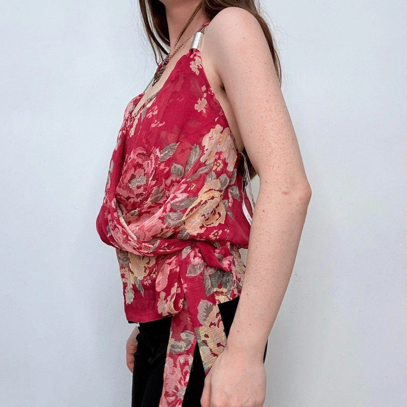 red floral elegant draped vest