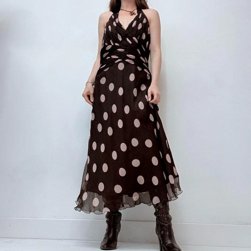 brown silk polkadot halter dress