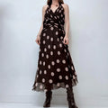 brown silk polkadot halter dress
