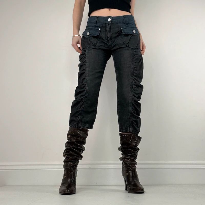 gathered cinched denim cropped pants