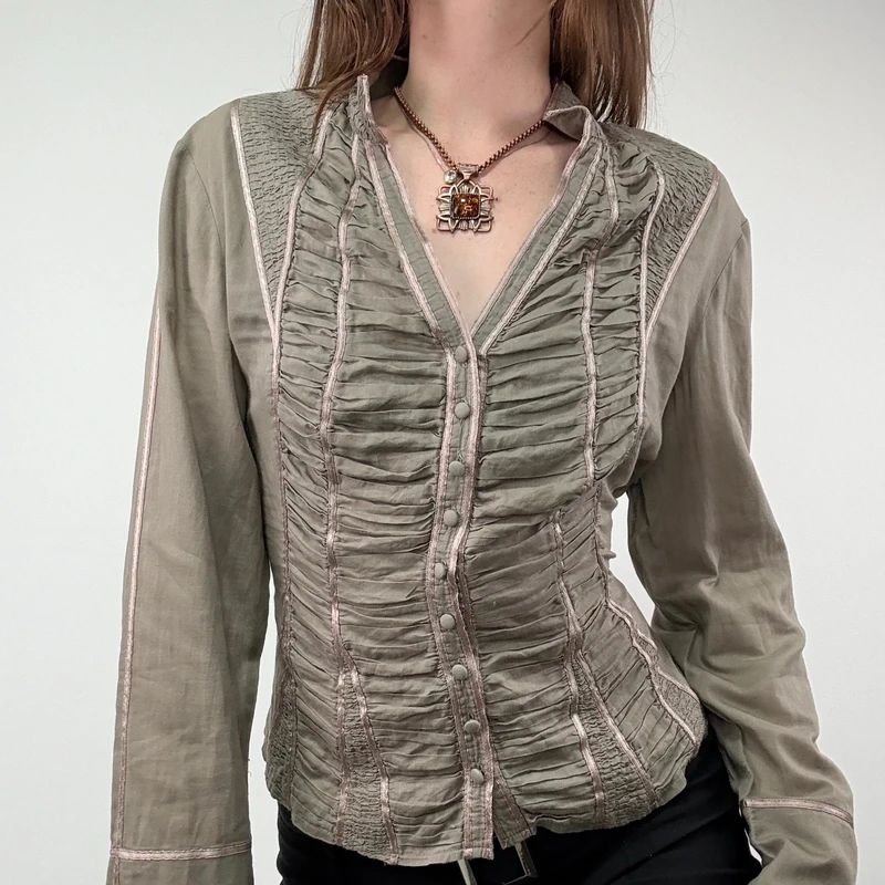 Khaki Gathered Lace Corset Shirt