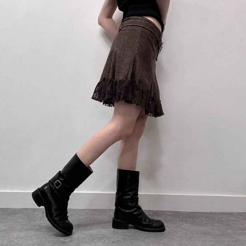lace tweed brown mini ruffle skirt