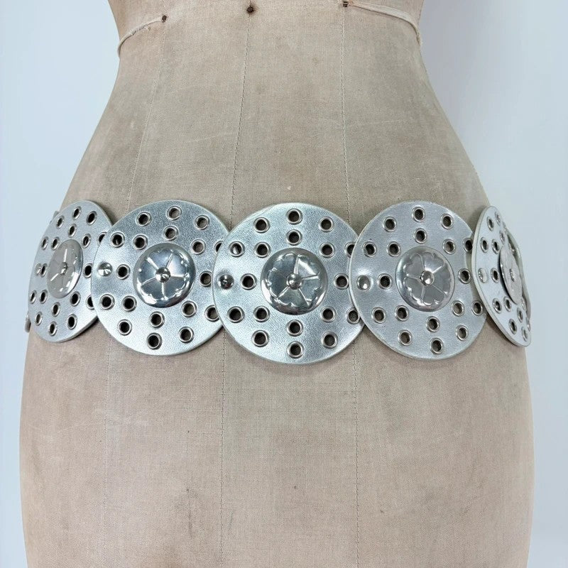 Silver leather studded circle belt