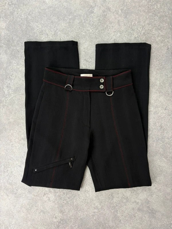 black pinstripe flared gothic d-ring utility trousers