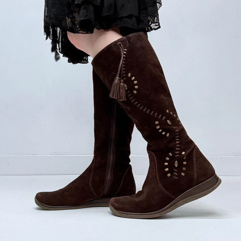 brown suede stitch hippy boots