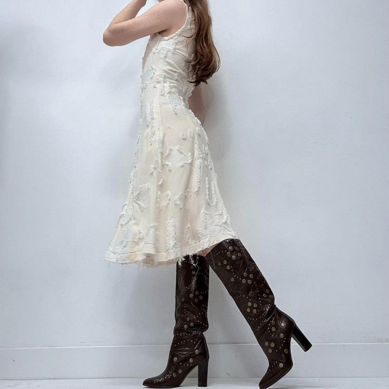 distressed cream midi dress